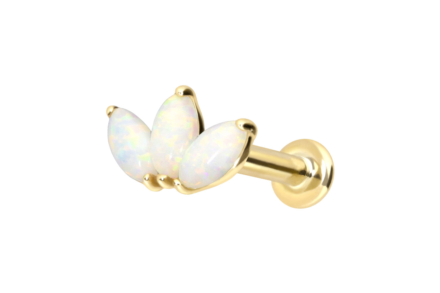 14 Karat Gold Labret Piercing mit Innengewinde LOTUSBLÜTE + SYNTHETISCHE OPALE